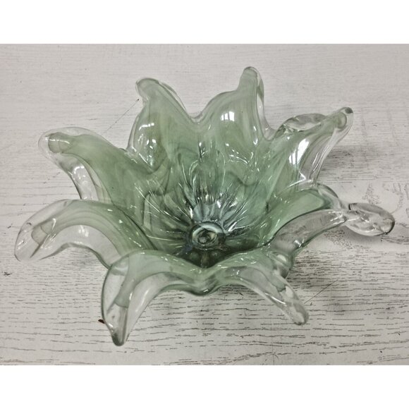 Vintage Ballantine Hand Blown Green Art Glass Iridescent Swirl Flower Candy Bowl - Picture 1 of 8